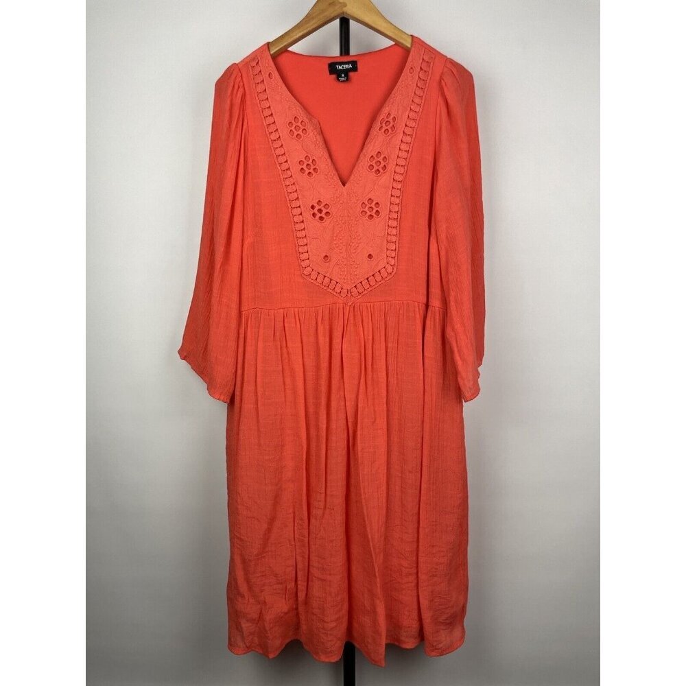 Tacera Coral‎ Orange Embroidered Boho Coastal Knee Length Lightweight Dress Sz S